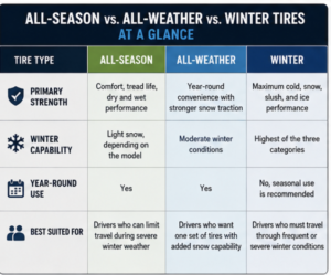 comparison chart of all season, all weather, and winter tires